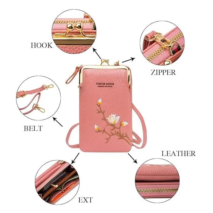 Women's Small Cross-Body Phone Bag Stylish PU Leather Mobile Cell Phone Holder Pocket Purse Wallet Sling Bag Mini Shoulder Bags, Pink